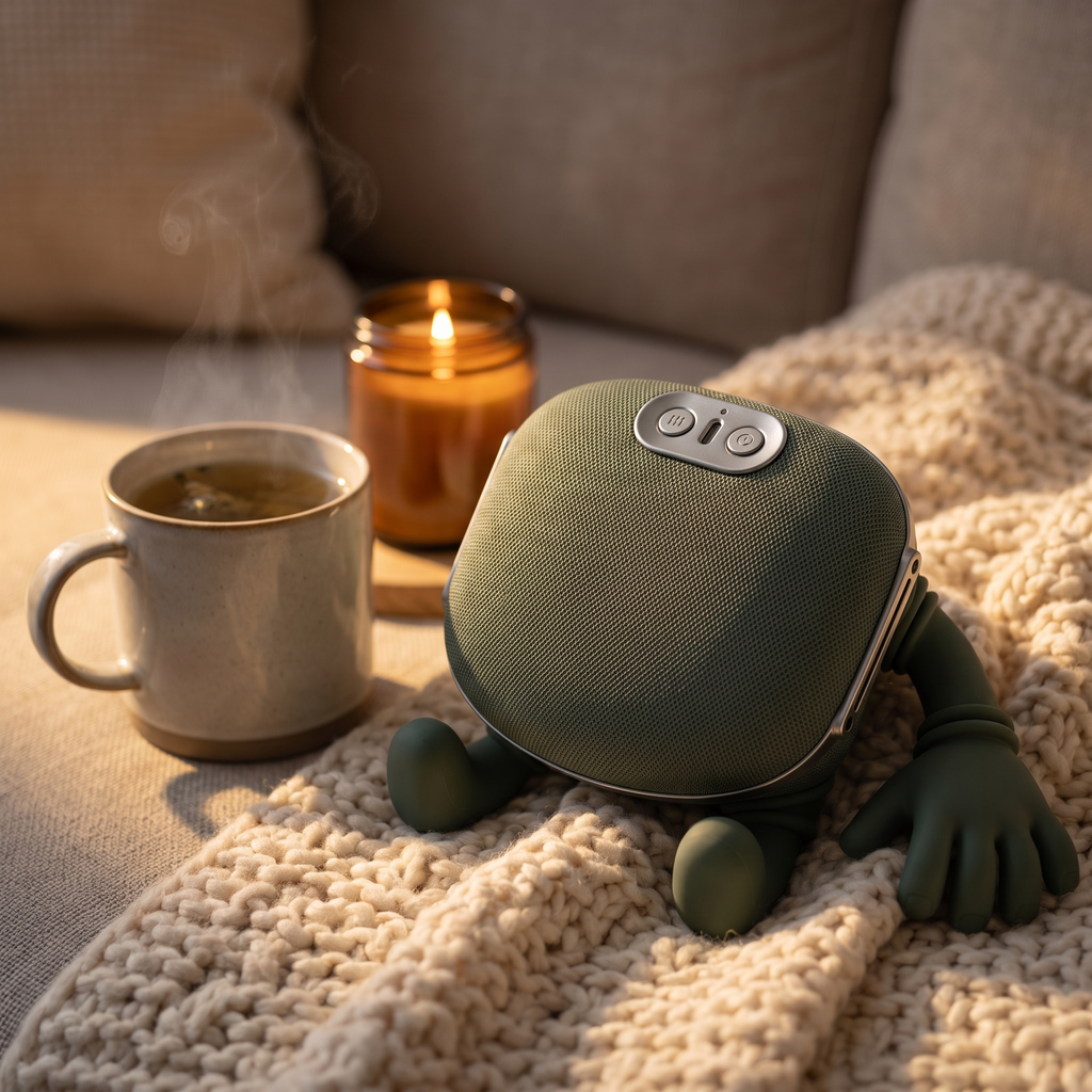 Masajeador biónico sobre una manta de punto con una taza de té caliente
