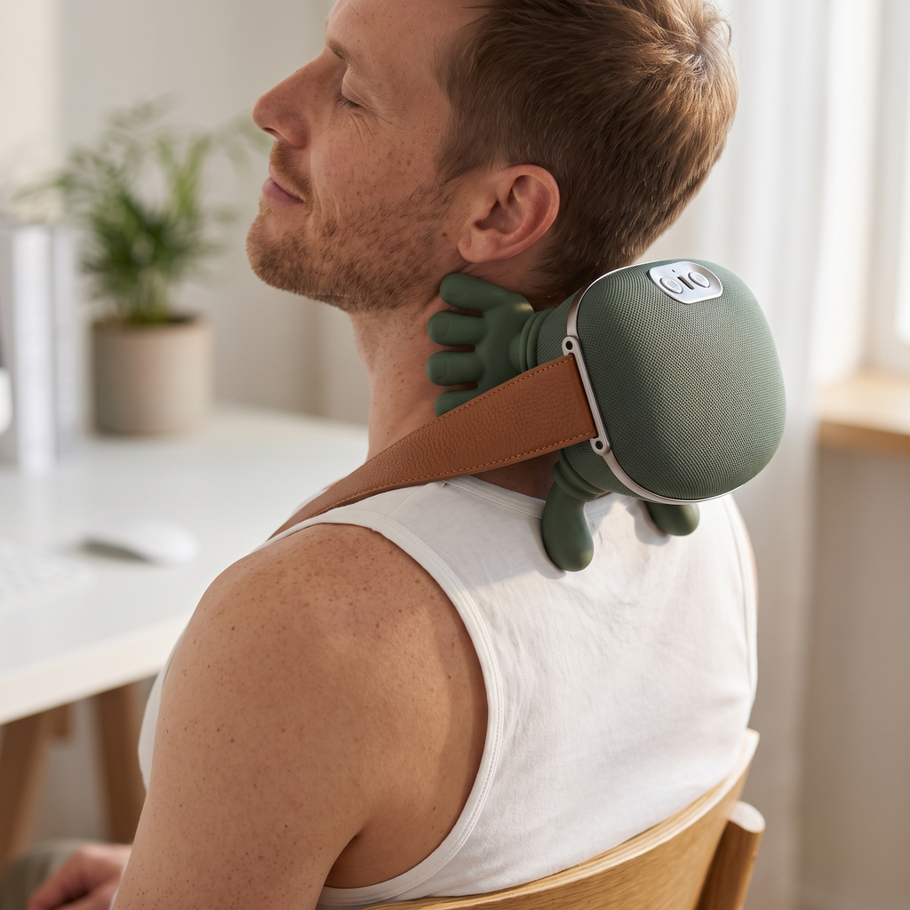 Hombre relajando el cuello con el masajeador biónico tras trabajar